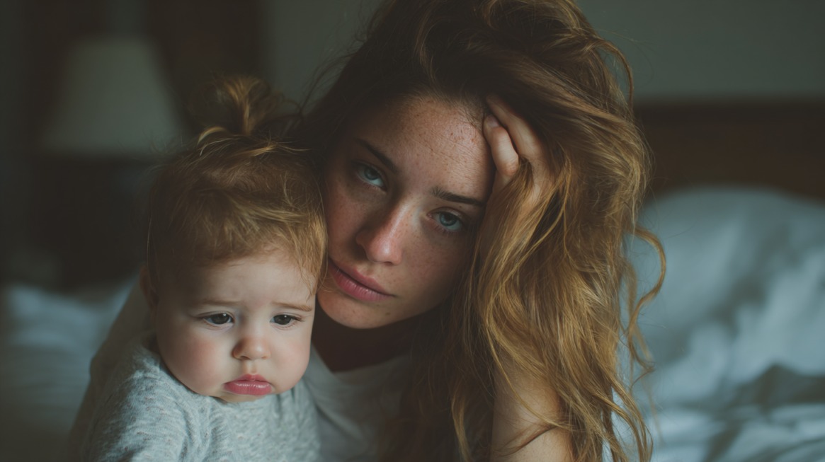 Majka sa umornim izrazom lica drži bebu u naručju