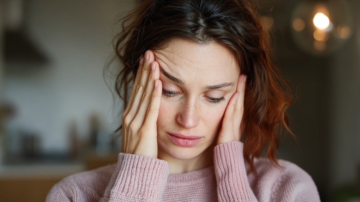 Žena drži ruke na slepoočnicama i deluje iscrpljeno i zabrinuto