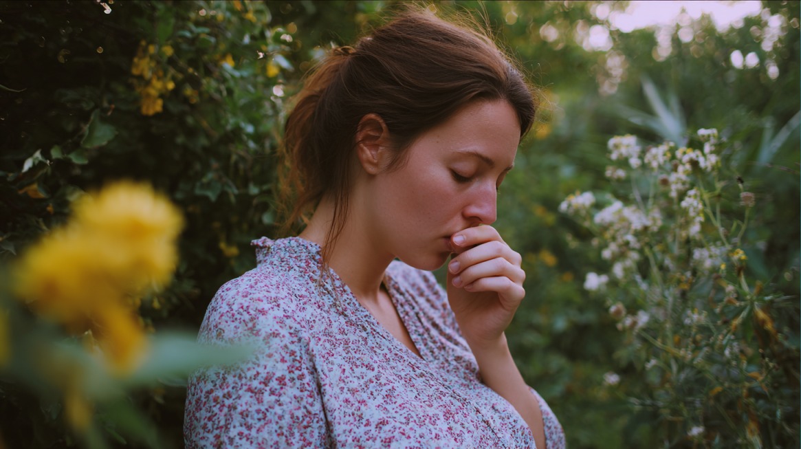 Trudnica u prirodi drži ruku preko usta zbog osećaja mučnine