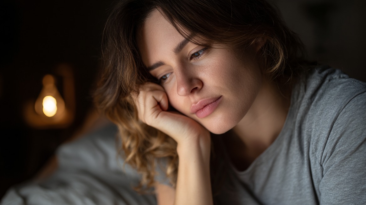 Trudnica leži budna u krevetu i zamišljeno gleda u daljinu