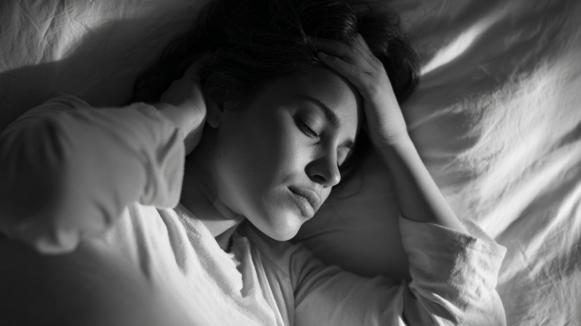 Trudnica leži budna u krevetu i drži ruke na glavi