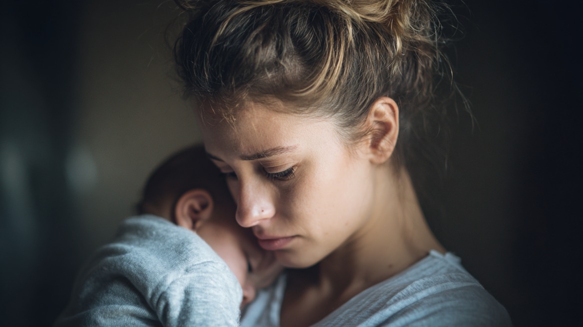 Mlada majka drži bebu u naručju i izgleda zabrinuto