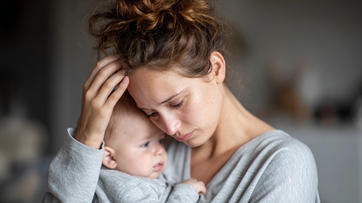 Majka drži bebu i deluje iscrpljeno dok se oslanja rukom na glavu