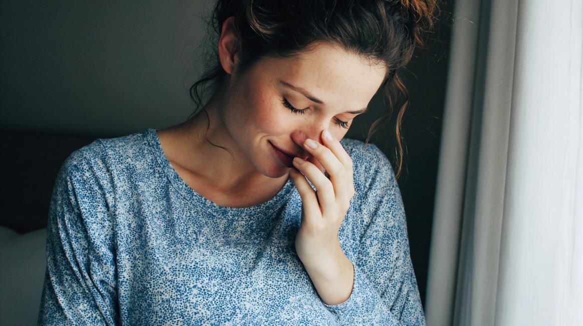 Trudnica zatvorenih očiju dodiruje nos zbog mučnine