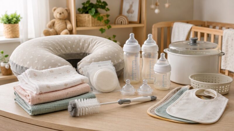 Uredno složena oprema za hranjenje bebe, sa flašicama, tetra pelenama, jastukom za dojenje, četkom za flašice, sterilizatorom i portiklama u nežnoj sobi za bebu.
